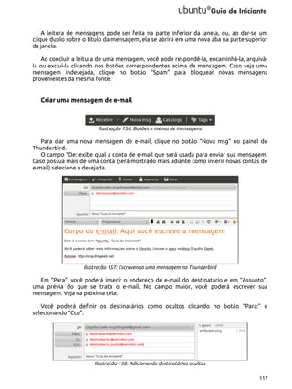 A leitura de mensagens pode ser feita na parte inferior da janela, ou, ao dar-se um
clique duplo sobre o título da mensagem, ela se abrirá em uma nova aba na parte superior
da janela.
Ao concluir a leitura de uma mensagem, você pode respondê-la, encaminhá-la, arquivála ou excluí-la clicando nos botões correspondentes acima da mensagem. Caso seja uma
mensagem indesejada, clique no botão “Spam” para bloquear novas mensagens
provenientes da mesma fonte.

Criar uma mensagem de e-mail

Ilustração 156: Botões e menus de mensagens

Para ciar uma nova mensagem de e-mail, clique no botão “Nova msg” no painel do
Thunderbird.
O campo “De: exibe qual a conta de e-mail que será usada para enviar sua mensagem.
Caso possua mais de uma conta (será mostrado mais adiante como inserir novas contas de
e-mail) selecione a desejada.

Ilustração 157: Escrevendo uma mensagem no Thunderbird

Em “Para”, você poderá inserir o endereço de e-mail do destinatário e em “Assunto”,
uma prévia do que se trata o e-mail. No campo maior, você poderá escrever sua
mensagem. Veja na próxima tela:
Você poderá definir os destinatários como ocultos clicando no botão “Para:” e
selecionando “Cco”.

Ilustração 158: Adicionando destinatários ocultos
117

 