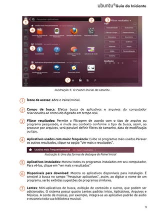 Ilustração 5: O Painel Inicial do Ubuntu

Ícone de acesso: Abre o Painel Inicial.
Campo de busca: Efetua busca de aplicativos e arquivos do computador
relacionados ao conteúdo digitado em tempo real.
Filtrar resultados: Permite a filtragem de acordo com o tipo de arquivo ou
programa pesquisado, e muda seu contexto conforme o tipo de busca, assim, ao
procurar por arquivos, será possível definir filtros de tamanho, data de modificação
ou tipo.
Aplicativos usados com maior frequência: Exibe os programas mais usados.Paraver
os outros resultados, clique na opção “Ver mais x resultados”.

Ilustração 6: Uma das formas de destaque do Painel Inicial

Aplicativos instalados: Mostra todos os programas instalados em seu computador.
Para vê-los, clique em “ver mais x resultados“
Disponíveis para download: Mostra os aplicativos disponíveis para instalação. É
sensível à busca no campo “Pesquisar aplicativos”, assim, ao digitar o nome de um
programa, serão exibidas sugestões de programas similares.
Lentes: Mini-aplicativos de busca, exibição de conteúdo e outros, que podem ser
adicionados. O sistema possui quatro Lentes padrão: Início, Aplicativos, Arquivos e
Músicas. A Lente de músicas, por exemplo, integra-se ao aplicativo padrão de aúdio
e escaneia toda sua biblioteca musical.
9

 