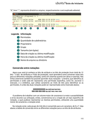“d”, hora “-”, representa diretório e arquivo, respectivamente e será explicado adiante):

Legenda Informação
Permissões
Quantidade de subdiretórios
Proprietário
Grupo
Tamanho (em bytes)
Data de criação ou última modificação
Hora da criação ou última modificação
Nome do arquivo ou diretório

Conversão entre notações
Agora que você já conhece os bits de atributo e os bits de proteção (num total de 12
bits – 3 bits de atributos e 9 bits de proteção), você aprenderá como converter estes bits
para as diferentes notações utilizadas, tanto em sistemas quanto em obras e tutoriais. Nas
linhas anteriores também foi possível aprender duas notações – a binária, que identifica as
permissões e onde cada bit representa uma permissão específica, como ler, escrever e
executar, e a simbólica, que utiliza caracteres ao invés de bits para identificar as as
permissões. A união das duas notações pode ser representada como mostrado abaixo:
000000000000 ou sstrwxrwxrwx
000 000 000 000 ou sst rwx rwx rwx
O problema de trabalhar com um volume maior de caracteres é a maior susceptibilidade
a erros durante sua utilização, então, convencionou-se a criação de um tipo específico de
notação, a qual pudesse representar as mesmas permissões, utilizando uma quantidade
menor de caracteres: a notação octal.
Na notação octal, cada grupo de três bits é convertido para um caractere, de 0 a 7. Veja
abaixo a tabela de conversão entre as diferentes notações para a os bits de de atributos:

172

 