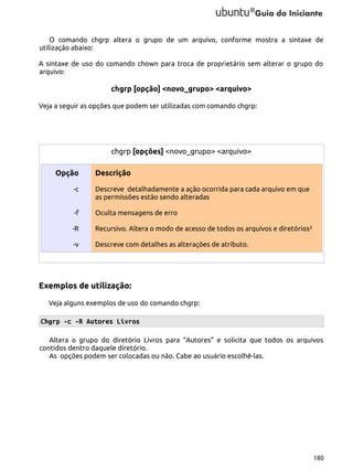 O comando chgrp altera o grupo de um arquivo, conforme mostra a sintaxe de
utilização abaixo:
A sintaxe de uso do comando chown para troca de proprietário sem alterar o grupo do
arquivo:

chgrp [opção] <novo_grupo> <arquivo>
Veja a seguir as opções que podem ser utilizadas com comando chgrp:

chgrp [opções] <novo_grupo> <arquivo>
Opção

Descrição

-c

Descreve detalhadamente a ação ocorrida para cada arquivo em que
as permissões estão sendo alteradas

-f

Oculta mensagens de erro

-R

Recursivo. Altera o modo de acesso de todos os arquivos e diretórios³

-v

Descreve com detalhes as alterações de atributo.

Exemplos de utilização:
Veja alguns exemplos de uso do comando chgrp:

Chgrp -c -R Autores Livros
Altera o grupo do diretório Livros para “Autores” e solicita que todos os arquivos
contidos dentro daquele diretório.
As opções podem ser colocadas ou não. Cabe ao usuário escolhê-las.

180

 