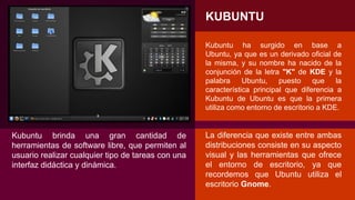 Kubuntu brinda una gran cantidad de
herramientas de software libre, que permiten al
usuario realizar cualquier tipo de tareas con una
interfaz didáctica y dinámica.
KUBUNTU
Kubuntu ha surgido en base a
Ubuntu, ya que es un derivado oficial de
la misma, y su nombre ha nacido de la
conjunción de la letra "K" de KDE y la
palabra Ubuntu, puesto que la
característica principal que diferencia a
Kubuntu de Ubuntu es que la primera
utiliza como entorno de escritorio a KDE.
La diferencia que existe entre ambas
distribuciones consiste en su aspecto
visual y las herramientas que ofrece
el entorno de escritorio, ya que
recordemos que Ubuntu utiliza el
escritorio Gnome.
 