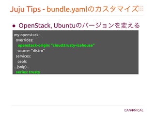 Juju Tips - bundle.yamlのカスタマイズ	
●  OpenStack, Ubuntuのバージョンを変える	
	
	
	
	
	
my-openstack:	
overrides:	
openstack-origin: "cloud:trusty-icehouse"	
source: "distro"	
services:	
ceph:	
...(snip)...	
series: trusty	
	
	
	
 