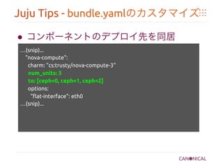 Juju Tips - bundle.yamlのカスタマイズ	
●  コンポーネントのデプロイ先を同居	
…(snip)...	
"nova-compute":	
charm: "cs:trusty/nova-compute-3"	
num_units: 3	
to: [ceph=0, ceph=1, ceph=2]	
options:	
"flat-interface": eth0	
…(snip)...	
	
	
 