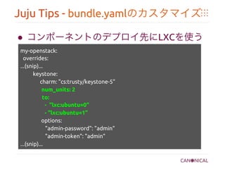 Juju Tips - bundle.yamlのカスタマイズ	
●  コンポーネントのデプロイ先にLXCを使う	
my-openstack:	
overrides:	
...(snip)...	
   keystone: 	
charm: "cs:trusty/keystone-5"	
num_units: 2	
to:	
- "lxc:ubuntu=0"	
- "lxc:ubuntu=1"	
options: 	
"admin-password": "admin"	
"admin-token": "admin"	
...(snip)...	
	
 