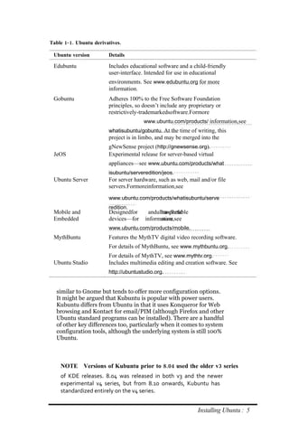 Table 1‐ 1. Ubuntu derivatives.

 Ubuntu version          Details

 Edubuntu                Includes educational software and a child-friendly
                         user-interface. Intended for use in educational
                         environments. See www.edubuntu.org for more
                         information.
 Gobuntu                 Adheres 100% to the Free Software Foundation
                         principles, so doesn’t include any proprietary or
                         restrictively-trademarkedsoftware.Formore
                                        www.ubuntu.com/products/ information,see
                         whatisubuntu/gobuntu. At the time of writing, this
                         project is in limbo, and may be merged into the
                         gNewSense project (http://gnewsense.org).
 JeOS                    Experimental release for server-based virtual
                         appliances—see www.ubuntu.com/products/what
                         isubuntu/serveredition/jeos.
 Ubuntu Server           For server hardware, such as web, mail and/or file
                         servers.Formoreinformation,see

                         www.ubuntu.com/products/whatisubuntu/serve
                         redition.
 Mobile and              Designedfor      andultra-portable
                                               handheld
 Embedded                devices—for     information,see
                                               more
                         www.ubuntu.com/products/mobile.
 MythBuntu               Features the MythTV digital video recording software.
                         For details of MythBuntu, see www.mythbuntu.org.
                         For details of MythTV, see www.mythtv.org.
 Ubuntu Studio           Includes multimedia editing and creation software. See
                         http://ubuntustudio.org.


  similar to Gnome but tends to offer more configuration options.
  It might be argued that Kubuntu is popular with power users.
  Kubuntu differs from Ubuntu in that it uses Konqueror for Web
  browsing and Kontact for email/PIM (although Firefox and other
  Ubuntu standard programs can be installed). There are a handful
  of other key differences too, particularly when it comes to system
  configuration tools, although the underlying system is still 100%
  Ubuntu.



    NOTE Versions of Kubuntu prior to 8.04 used the older v3 series
    of KDE releases. 8.04 was released in both v3 and the newer
    experimental v4 series, but from 8.10 onwards, Kubuntu has
    standardized entirely on the v4 series.


                                                                Installing Ubuntu : 5
 
