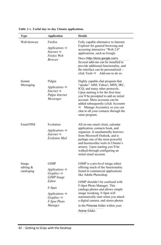 Table 3‐ 1. Useful day‐ to‐ day Ubuntu applications.

 Type                  Application             Details

 Web browser           Firefox                 Fully capable alternative to Internet
                                               Explorer for general browsing and
                       Applications           accessing interactive “Web 2.0”
                       Internet               applications, such as Google
                       Firefox Web
                       Browser                 Docs (http://docs.google.com).
                                               Several add-ons can be installed to
                                               provide additional functionality, and
                                               the interface can be personalized—
                                               click Tools  Add-ons to do so.

 Instant               Pidgin                  Highly capable chat program that
 Messaging                                     “speaks” AIM, Yahoo!, MSN, IRC,
                       Applications           ICQ, and many other protocols.
                       Internet               Upon starting it for the first time
                       Pidgin Internet         you’ll be prompted to add an initial
                       Messenger               account. More accounts can be
                                               added subsequently (click Accounts
                                                Manage Accounts), so you can
                                               chat to all your contacts through the
                                               same program.


 Email/PIM             Evolution               All-in-one email client, calendar
                                               application, contacts book, and
                       Applications           organizer. It unashamedly borrows
                       Internet               from Microsoft Outlook, and is
                       Evolution Mail          perhaps one of the most powerful
                                               and businesslike tools in Ubuntu’s
                                               armory. Upon starting you’ll be
                                               walked-through configuring an
                                               initial email account.

 Image                 GIMP                    GIMP is a pro-level image editor
 editing &                                     offering much of the functionality
 cataloging            Applications           found in commercial applications
                       Graphics               like Adobe Photoshop.
                       GIMP Image
                       Editor                  GIMP shouldn’t be confused with
                                               F-Spot Photo Manager. This
                       F-Spot                  catalogs photos and allows simple
                       Applications           image tweaking. F-Spot will
                       Graphics               automatically start when you attach
                       F-Spot Photo            a digital camera, and stores photos
                       Manager                 in the Pictures folder within your
                                               /home folder.




42 : Getting to Grips with the Desktop
 