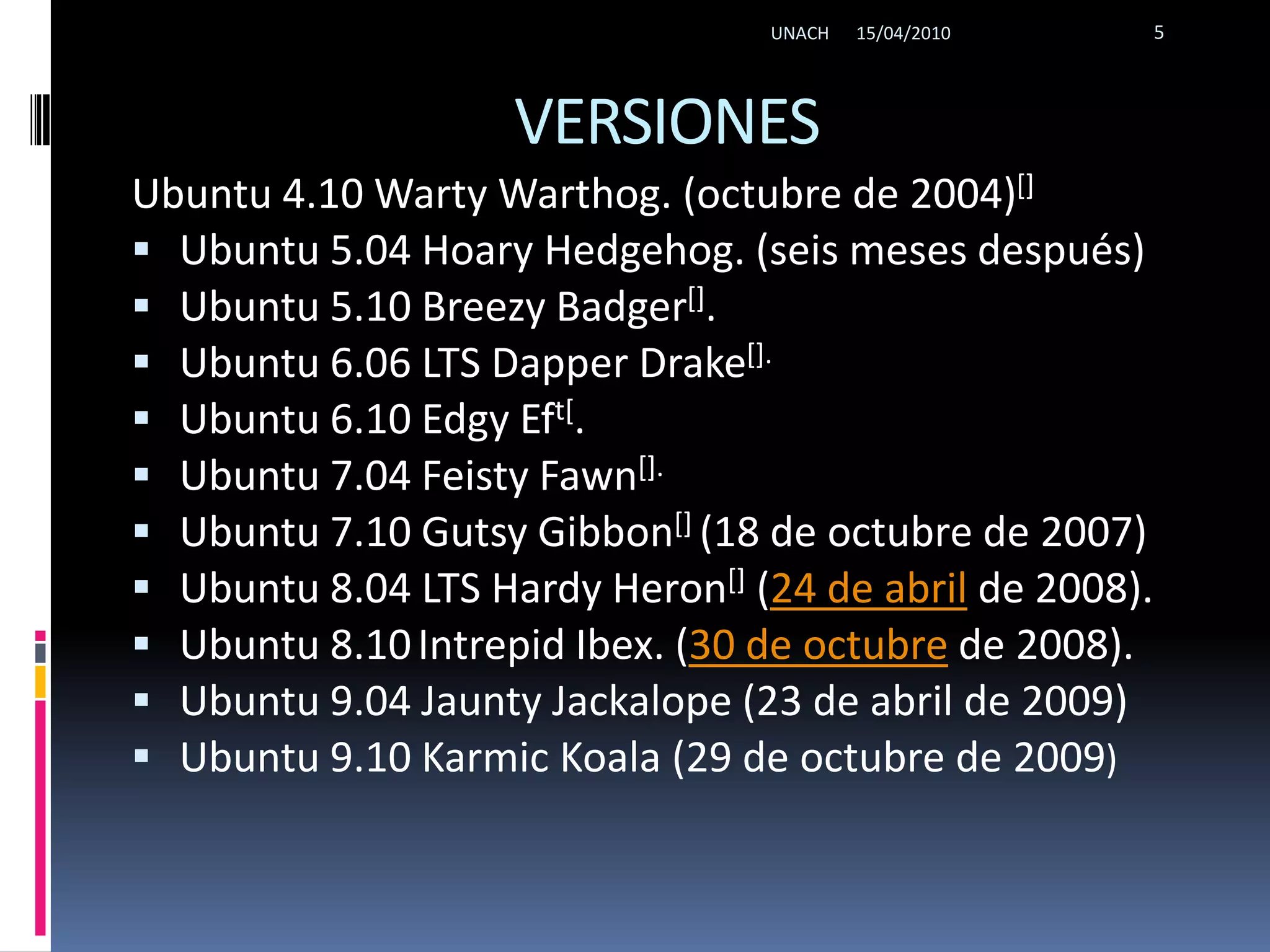 VERSIONESUbuntu 4.10 Warty Warthog. (octubre de 2004)[] Ubuntu 5.04 Hoary Hedgehog. (seis meses después) Ubuntu 5.10 Breezy Badger[].Ubuntu 6.06 LTS Dapper Drake[].Ubuntu 6.10 EdgyEft[.Ubuntu 7.04 FeistyFawn[].Ubuntu 7.10 GutsyGibbon[] (18 de octubre de 2007) Ubuntu 8.04 LTS Hardy Heron[] (24 de abril de 2008). Ubuntu 8.10Intrepid Ibex. (30 de octubre de 2008). Ubuntu 9.04 JauntyJackalope (23 de abril de 2009) Ubuntu 9.10 Karmic Koala (29 de octubre de 2009) 15/04/2010UNACH5