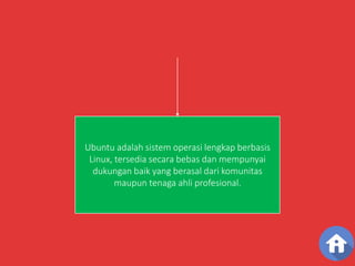 PENGERTIAN 
Ubuntu adalah sistem operasi lengkap berbasis 
Linux, tersedia secara bebas dan mempunyai 
dukungan baik yang berasal dari komunitas 
maupun tenaga ahli profesional. 
 