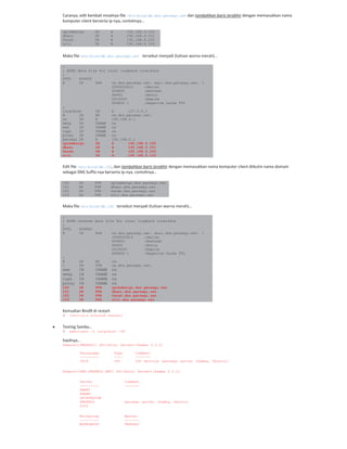 Caranya, edit kembali misalnya file /etc/bind/db.dns.persegi.net dan tambahkan baris terakhir dengan memasukkan nama
komputer client berserta ip nya, contohnya…
opikdesign IN A 192.168.0.100
dhani IN A 192.168.0.101
farah IN A 192.168.0.102
siti IN A 192.168.0.103
Maka file/etc/bind/db.dns.persegi.net tersebut menjadi (tulisan warna merah)…
;
; BIND data file for local loopback interface
;
$TTL 604800
@ IN SOA ns.dns.persegi.net. mail.dns.persegi.net. (
2009022610 ;Serial
604800 ;Refresh
86400 ;Retry
2419200 ;Expire
604800 ) ;Negative Cache TTL
;
localhost IN A 127.0.0.1
@ IN NS ns.dns.persegi.net.
ns IN A 192.168.0.1
smtp IN CNAME ns
www IN CNAME ns
cups IN CNAME ns
proxy IN CNAME ns
persegi IN A 192.168.0.1
opikdesign IN A 192.168.0.100
dhani IN A 192.168.0.101
farah IN A 192.168.0.102
siti IN A 192.168.0.103
Edit file /etc/bind/db.192, dan tambahkan baris terakhir dengan memasukkan nama komputer client diikutin nama domain
sebagai DNS Suffix nya berserta ip nya, contohnya…
100 IN PTR opikdesign.dns.persegi.net
101 IN PTR dhani.dns.persegi.net
102 IN PTR farah.dns.persegi.net
103 IN PTR siti.dns.persegi.net
Maka file/etc/bind/db.192 tersebut menjadi (tulisan warna merah)…
;
; BIND reverse data file for local loopback interface
;
$TTL 604800
@ IN SOA ns.dns.persegi.net. mail.dns.persegi.net. (
2009022615 ;Serial
604800 ;Refresh
86400 ;Retry
2419200 ;Expire
604800 ) ;Negative Cache TTL
;
@ IN NS ns.
1 IN PTR ns.dns.persegi.net.
www IN CNAME ns
smtp IN CNAME ns
cups IN CNAME ns
proxy IN CNAME ns
100 IN PTR opikdesign.dns.persegi.net
101 IN PTR dhani.dns.persegi.net
102 IN PTR farah.dns.persegi.net
103 IN PTR siti.dns.persegi.net
Kemudian Bind9 di restart
# /etc/init.d/bind9 restart
Testing Samba…
# smbclient -L localhost -U%
hasilnya…
Domain=[PERSEGI] OS=[Unix] Server=[Samba 3.3.2]
Sharename Type Comment
--------- ---- -------
IPC$ IPC IPC Service (persegi server (Samba, Ubuntu))
Domain=[DNS.PERSEGI.NET] OS=[Unix] Server=[Samba 3.3.2]
Server Comment
--------- -------
DHANI
FARAH
OPIKDESIGN
PERSEGI persegi server (Samba, Ubuntu)
SITI
Workgroup Master
--------- -------
WORKGROUP PERSEGI
 