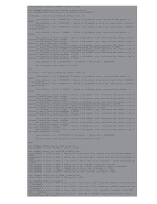 /sbin/iptables –t filter –I FORWARD –i $device –j DROP
echo “FIREWALL STATUS: IP & MAC Filtering on device $device”
echo “FIREWALL STATUS: Allow access for IP-ADDRESS and MAC-ADDRESS: “
cat $files1 | while read ip_address mac_address client; do
/sbin/iptables –t nat –I PREROUTING –i $device –s $ip_address –m mac -–mac-source $mac_address –j
ACCEPT
/sbin/iptables –t nat –I PREROUTING –i $device –s $ip_address –p tcp –m tcp -–dport $http –j REDIRECT -
–to-ports $proxy
/sbin/iptables –t nat –I PREROUTING –i $device –s $ip_address –p udp –m udp –-dport $http –j REDIRECT -
–to-ports $proxy
/sbin/iptables –t filter –I FORWARD –i $device –s $ip_address –m mac -–mac-source $mac_address –j
ACCEPT
/sbin/iptables –t filter –A INPUT –i $device –s $ip_address –m mac -–mac-source $mac_address –p tcp –m
multiport -–dports $samba_cups –j ACCEPT
/sbin/iptables –t filter –A INPUT –i $device –s $ip_address –m mac -–mac-source $mac_address –p udp –m
multiport -–dports $samba_cups –j ACCEPT
/sbin/iptables –t filter –A INPUT –i $device –s $ip_address –m mac -–mac-source $mac_address –p tcp –m
multiport -–dports $http,$http_SSL,$smtp,$smtp_SSL,$pop3,$pop3_SSL,$DNS,$ftp,$ftp_SSL –j ACCEPT
/sbin/iptables –t filter –A INPUT –i $device –s $ip_address –m mac –-mac-source $mac_address –p udp –m
multiport -–dports $http,$http_SSL,$pop3,$pop3_SSL,$DNS,$ftp,$ftp_SSL –j ACCEPT
/sbin/iptables –t filter –A INPUT –i $device –s $ip_address –m mac –-mac-source $mac_address –p tcp –m
multiport -–dports $proxy,$havp,$icp,$time –j ACCEPT
/sbin/iptables –t filter –A INPUT –i $device –s $ip_address –m mac –-mac-source $mac_address –p udp –m
multiport -–dports $proxy,$havp,$icp,$time –j ACCEPT
/sbin/iptables –t nat –A POSTROUTING –s $ip_address –o $device_inet –j MASQUERADE
echo “$ip_address [$mac_address] => $client”
done
cat $files2 | while read ip_address mac_address client; do
/sbin/iptables –t nat –I PREROUTING –i $device –s $ip_address –m mac -–mac-source $mac_address –j
ACCEPT
/sbin/iptables –t nat –I PREROUTING –i $device –s $ip_address –p tcp –m tcp -–dport $http –j REDIRECT -
–to-ports $proxy
/sbin/iptables –t nat –I PREROUTING –i $device –s $ip_address –p udp –m udp -–dport $http –j REDIRECT -
–to-ports $proxy
/sbin/iptables –t filter –I FORWARD –i $device –s $ip_address –m mac -–mac-source $mac_address –j
ACCEPT
/sbin/iptables –t filter –A INPUT –i $device –s $ip_address –m mac -–mac-source $mac_address –p tcp –m
multiport -–dports $samba_cups –j ACCEPT
/sbin/iptables –t filter –A INPUT –i $device –s $ip_address –m mac -–mac-source $mac_address –p udp –m
multiport -–dports $samba_cups –j ACCEPT
/sbin/iptables –t filter –A INPUT –i $device –s $ip_address –m mac -–mac-source $mac_address –p tcp –m
multiport -–dports $http,$http_SSL,$smtp,$smtp_SSL,$pop3,$pop3_SSL,$DNS,$ftp,$ftp_SSL –j ACCEPT
/sbin/iptables –t filter –A INPUT –i $device –s $ip_address –m mac -–mac-source $mac_address –p udp –m
multiport -–dports $http,$http_SSL,$pop3,$pop3_SSL,$DNS,$ftp,$ftp_SSL –j ACCEPT
/sbin/iptables –t filter –A INPUT –i $device –s $ip_address –m mac -–mac-source $mac_address –p tcp –m
multiport -–dports $proxy,$havp,$icp,$time –j ACCEPT
/sbin/iptables –t filter –A INPUT –i $device –s $ip_address –m mac -–mac-source $mac_address –p udp –m
multiport -–dports $proxy,$havp,$icp,$time –j ACCEPT
/sbin/iptables –t filter –A INPUT –i $device –s $ip_address –m mac -–mac-source $mac_address –p tcp –m
multiport -–dports $ssh,$webmin –j ACCEPT
/sbin/iptables –t filter –A INPUT –i $device –s $ip_address –m mac -–mac-source $mac_address –p udp –m
multiport -–dports $ssh,$webmin –j ACCEPT
/sbin/iptables –t filter –A INPUT –i $device –s $ip_address –m mac -–mac-source $mac_address –p tcp –m
tcp -–dport $range_port –j ACCEPT
/sbin/iptables –t filter –A INPUT –i $device –s $ip_address –m mac -–mac-source $mac_address –p udp –m
udp -–dport $range_port –j ACCEPT
/sbin/iptables –t nat –A POSTROUTING –s $ip_address –o $device_inet –j MASQUERADE
echo “$ip_address [$mac_address] => $client this Administrator Host”
done
echo “FIREWALL STATUS: Drop all INPUT on $device”
/sbin/iptables –t filter –A INPUT –i $device –j DROP
echo “FIREWALL STATUS: Port Filtering on $device_inet”
/sbin/iptables -t filter -A INPUT -i $device_inet -p tcp -m multiport --dports $http,$http_SSL,$ssh,$webmin -j
ACCEPT
/sbin/iptables -t filter -A INPUT -i $device_inet -p udp -m multiport --dports $http,$http_SSL,$ssh,$webmin -j
ACCEPT
/sbin/iptables -t filter -A INPUT -s ! $ip_subnet -i $device_inet -p tcp -m multiport --dports $smtp,$smtp_SSL
-j DROP
/sbin/iptables -t filter -A INPUT -i $device_inet -p tcp -j REJECT --reject-with tcp-reset
/sbin/iptables -t filter -A INPUT -i $device_inet -p udp -j REJECT --reject-with icmp-port-unreachable
/sbin/iptables -t filter -A INPUT -i $device_inet -p icmp -m icmp --icmp-type 8 -j DROP
/sbin/iptables -t filter -A FORWARD -i $device_inet -p icmp -m length --length 92 -j DROP
/sbin/iptables -t filter -A INPUT -i $device_inet -p icmp --icmp-type echo-request -j DROP
echo “FIREWALL STATUS: Drop all INPUT on $device_inet”
/sbin/iptables –t filter –A INPUT –i $device_inet –j DROP
echo “FIREWALL STATUS: Log created…”
/sbin/iptables -t filter -A INPUT -p tcp -m limit --limit 5/min -j LOG --log-prefix "Iptables: Denied TCP Port:
" --log-level 7
/sbin/iptables -t filter -A INPUT -p udp -m limit --limit 5/min -j LOG --log-prefix "Iptables: Denied UDP Port:
" --log-level 7
/sbin/iptables -t filter -A INPUT -p icmp -m limit --limit 5/min -j LOG --log-prefix " Iptables: Denied IMCP
Port: " --log-level 7
/sbin/iptables -t filter -A INPUT -p tcp -m state --state NEW -m multiport --dport $http,$http_SSL -j LOG --
log-prefix "HTTP_CONN: TCP Port: "
 