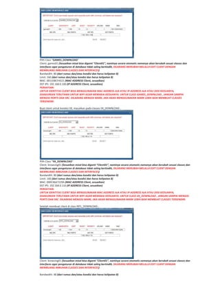 Pilih Class “GAMES_DOWNLOAD”
Client: games01 (Sesuaikan misal bisa diganti “Client01”, nantinya secara otomatis namanya akan berubah sesuai classes dan
interfaces agar pengaturan di database tidak saling bertindih, DILARANG MERUBAH MELALUI EDIT CLIENT DENGAN
MEMBUANG IMBUHAN CLASSES DAN INTERFACES)
Bandwidth: 80 (dari rumus dan/atau kondisi dan harus kelipatan 8)
Limit: 160 (dari rumus dan/atau kondisi dan harus kelipatan 8)
MAC: 0011D8CFA521 (MAC ADDRESS Client, sesuaikan)
DST IPS: 192.168.0.100 (IP ADDRESS Client, sesuaikan)
PERHATIAN:
UNTUK IDENTITAS CLIENT BISA MENGGUNAKAN MAC ADDRESS AJA ATAU IP ADDRESS AJA ATAU DIISI KEDUANYA,
DIANJURKAN TERUTAMA UNTUK WIFI AGAR MEMAKAI KEDUANYA. UNTUK CLASS GAMES_DOWNLOAD , JANGAN SAMPAI
MENGISI PORTS DAN SRC. DILARANG MENGISI MARK, JIKA AKAN MENGGUNAKAN MARK LEBIH BAIK MEMBUAT CLASSES
TERSENDIRI.
Buat client untuk koneksi IIX, masukkan pada classes IIX_DOWNLOAD…
Pilih Class “IIX_DOWNLOAD”
Client: browsing01 (Sesuaikan misal bisa diganti “Client01”, nantinya secara otomatis namanya akan berubah sesuai classes dan
interfaces agar pengaturan di database tidak saling bertindih, DILARANG MERUBAH MELALUI EDIT CLIENT DENGAN
MEMBUANG IMBUHAN CLASSES DAN INTERFACES)
Bandwidth: 80 (dari rumus dan/atau kondisi dan harus kelipatan 8)
Limit: 160 (dari rumus dan/atau kondisi dan harus kelipatan 8)
MAC: 000C46A7229A (MAC ADDRESS Client, sesuaikan)
DST IPS: 192.168.0.110 (IP ADDRESS Client, sesuaikan)
PERHATIAN:
UNTUK IDENTITAS CLIENT BISA MENGGUNAKAN MAC ADDRESS AJA ATAU IP ADDRESS AJA ATAU DIISI KEDUANYA,
DIANJURKAN TERUTAMA UNTUK WIFI AGAR MEMAKAI KEDUANYA. UNTUK CLASS IIX_DOWNLOAD , JANGAN SAMPAI MENGISI
PORTS DAN SRC. DILARANG MENGISI MARK, JIKA AKAN MENGGUNAKAN MARK LEBIH BAIK MEMBUAT CLASSES TERSENDIRI.
Setelah membuat client di class INTL_DOWNLOAD…
Client: browsing01 (Sesuaikan misal bisa diganti “Client01”, nantinya secara otomatis namanya akan berubah sesuai classes dan
interfaces agar pengaturan di database tidak saling bertindih, DILARANG MERUBAH MELALUI EDIT CLIENT DENGAN
MEMBUANG IMBUHAN CLASSES DAN INTERFACES)
Bandwidth: 48 (dari rumus dan/atau kondisi dan harus kelipatan 8)
 