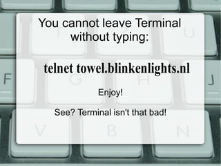 Type ls and you will see what is in the folder/directory. Assuming you have a folder/directory called SlideShows, type cd SlideShows at the prompt and press enter. 