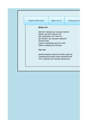 Цахим тестийн тухай      Давуу, сул тал     Загвар цахим тест



            Давуу тал:

            Шалгалт авахад цаг хугацаа хэмнэх
            Эдийн засгийн хэмнэлттэй
            Бүх хэлбэрийн тест бэлтгэх
            Дүн бодож, цаг хугацаа алдахгүй
            Анализ хийх
            Сурагч алдаандаа дүгнэлт хийх
            Байнга сайжруулах боломж

            Сул тал:

            Компьютерийн мэдлэгтэй байх хэрэгтэй
            Санамсаргүй алдаа гарах магадлалтай
            Тест шивэхэд цаг хугацаа зарцуулна.
 