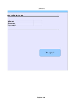 Хүснэгт6



ЦАХИМ ТЕСТИЙН ҮНЭЛГЭЭ


      Ц,Батхүү
      Монгол хэл
      Эр,эм эгшиг




                                    Зөв хариулт




                        Хуудас 14
 