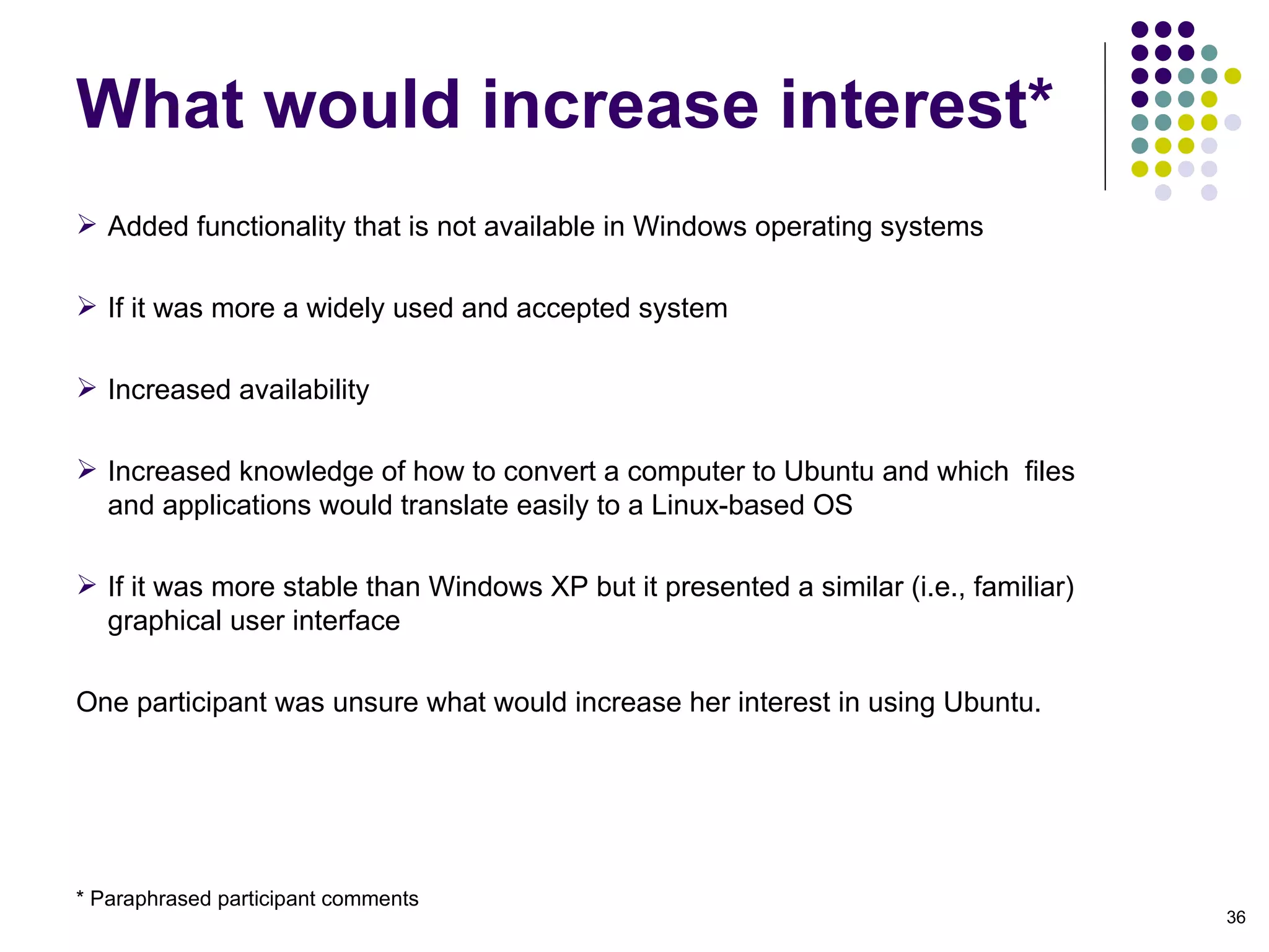 Added functionality that is not available in Windows operating systems If it was more a widely used and accepted system Increased availability Increased knowledge of how to convert a computer to Ubuntu and which  files and applications would translate easily to a Linux-based OS If it was more stable than Windows XP but it presented a similar (i.e., familiar) graphical user interface One participant was unsure what would increase her interest in using Ubuntu. What would increase interest* * Paraphrased participant comments 