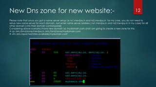 New Dns zone for new website:-
Please note that once you got a name server setup i.e ns1.mevijay.in and ns2.mevijay.in for my case, you do not need to
setup new name server for each domain. Just enter name server address ( ns1.mevijay.in and ns2.mevijay.in in my case) for all
other domain ( into their domain control panel)
Considering above scenario I have new domain i.e. mydomain.com and I am going to create a new zone for this.
# cp /etc/bind/zone/mevijay.in /etc/bind/zone/mydomain.com
# vim /etc/apache2/sites-available/mydomain.conf
12
 