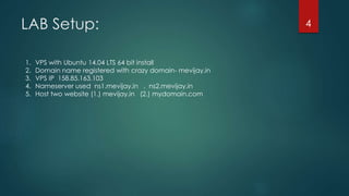 LAB Setup:
1. VPS with Ubuntu 14.04 LTS 64 bit install
2. Domain name registered with crazy domain- mevijay.in
3. VPS IP 158.85.163.103
4. Nameserver used ns1.mevijay.in , ns2.mevijay.in
5. Host two website (1.) mevijay.in (2.) mydomain.com
4
 