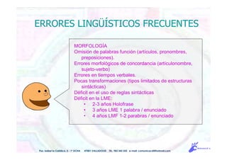 ERRORES LINGÜÍSTICOS FRECUENTES
Pso. Isabel la Católica, 5 - 1º DCHA 47001 VALLADOLID TEL. 983 343 555 e-mail: comunicacdi@hotmail.com
MORFOLOGÍA
Omisión de palabras función (artículos, pronombres,
preposiciones).
Errores morfológicos de concordancia (artículonombre,
sujeto-verbo)
Errores en tiempos verbales.
Pocas transformaciones (tipos limitados de estructuras
sintácticas)
Déficit en el uso de reglas sintácticas
Déficit en la LME:
• 2-3 años Holofrase
• 3 años LME 1 palabra / enunciado
• 4 años LMF 1-2 parabras / enunciado
 