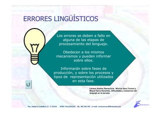 Pso. Isabel la Católica, 5 - 1º DCHA 47001 VALLADOLID TEL. 983 343 555 e-mail: comunicacdi@hotmail.com
Llorenç Andreu Barrachina, Mònica Sanz Torrent y
Miquel Serra Raventós, Dificultades y trastornos del
lenguaje en la escuela.
Los errores se deben a fallo en
alguna de las etapas de
procesamiento del lenguaje.
Obedecen a los mismos
mecanismos y pueden informar
sobre ellos.
Informarán sobre fases de
producción, y sobre los procesos y
tipos de representación utilizados
en esta fase.
ERRORES LINGÜÍSTICOS
 