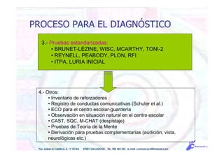 Pso. Isabel la Católica, 5 - 1º DCHA 47001 VALLADOLID TEL. 983 343 555 e-mail: comunicacdi@hotmail.com
PROCESO PARA EL DIAGNÓSTICO
3.- Pruebas estandarizadas:
• BRUNET-LÉZINE, WISC, MCARTHY, TONI-2
• REYNELL, PEABODY, PLON, RFI
• ITPA, LURIA INICIAL
4.- Otros:
• Inventario de reforzadores
• Registro de conductas comunicativas (Schuler et al.)
• ECO para el centro escolar-guardería
• Observación en situación natural en el centro escolar
• CAST, SQC, M-CHAT (despistaje)
• Pruebas de Teoría de la Mente
• Derivación para pruebas complementarias (audición, vista,
neurológicas etc.)
 