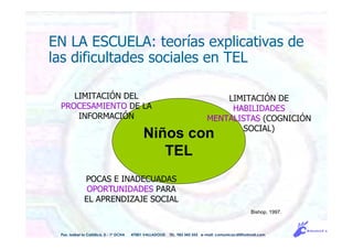 LIMITACIÓN DEL
PROCESAMIENTO DE LA
INFORMACIÓN
Pso. Isabel la Católica, 5 - 1º DCHA 47001 VALLADOLID TEL. 983 343 555 e-mail: comunicacdi@hotmail.com
EN LA ESCUELA: teorías explicativas de
las dificultades sociales en TEL
LIMITACIÓN DE
HABILIDADES
MENTALISTAS (COGNICIÓN
SOCIAL)
POCAS E INADECUADAS
OPORTUNIDADES PARA
EL APRENDIZAJE SOCIAL
Bishop, 1997.
Niños con
TEL
 