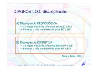 A) Discrepancia CRONOLÓGICA
– 12 meses o más de diferencia entre EC y ELE
– 6 meses o más de diferencia entre EC y ELR
Stark y Tallal, 1981
Pso. Isabel la Católica, 5 - 1º DCHA 47001 VALLADOLID TEL. 983 343 555 e-mail: comunicacdi@hotmail.com
B) Discrepancia COGNITIVA
– 12 meses o más de diferencia entre EM y ELE
– 6 meses o más de diferencia entre EM y ELR
DIAGNÓSTICO: discrepancias
 