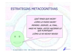 Pso. Isabel la Católica, 5 - 1º DCHA 47001 VALLADOLID TEL. 983 343 555 e-mail: comunicacdi@hotmail.com
¿QUÉ TENGO QUE HACER?
¿CÓMO LO PUEDO HACER?
PRIMERO…DESPUÉS…AL FINAL…
HAGO MI TAREA: ¿ESTOY HACIENDO LO
QUE PLANIFIQUÉ?
¿CÓMO LO HE HECHO? REVISO
ESTRATEGIAS METACOGNITIVAS
 