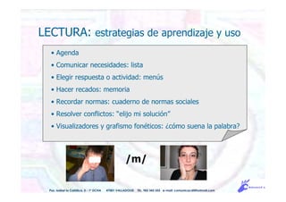 LECTURA: estrategias de aprendizaje y uso
Pso. Isabel la Católica, 5 - 1º DCHA 47001 VALLADOLID TEL. 983 343 555 e-mail: comunicacdi@hotmail.com
/m/
• Agenda
• Comunicar necesidades: lista
• Elegir respuesta o actividad: menús
• Hacer recados: memoria
• Recordar normas: cuaderno de normas sociales
• Resolver conflictos: “elijo mi solución”
• Visualizadores y grafismo fonéticos: ¿cómo suena la palabra?
 