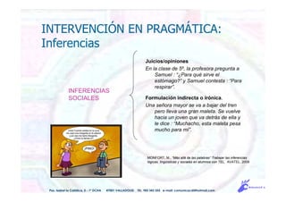 INTERVENCIÓN EN PRAGMÁTICA:
Inferencias
Juicios/opiniones
En la clase de 5º, la profesora pregunta a
Samuel : “¿Para qué sirve el
estómago?” y Samuel contesta : “Para
respirar”.
Formulación indirecta o irónica.
Una señora mayor se va a bajar del tren
pero lleva una gran maleta. Se vuelve
hacia un joven que va detrás de ella y
le dice : “Muchacho, esta maleta pesa
mucho para mí”.
MONFORT, M., “Más allá de las palabras” Trabajar las inferencias
lógicas, lingüísticas y sociales en alumnos con TEL, AVATEL, 2009
Pso. Isabel la Católica, 5 - 1º DCHA 47001 VALLADOLID TEL. 983 343 555 e-mail: comunicacdi@hotmail.com
INFERENCIAS
SOCIALES
 