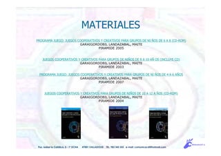 MATERIALES
PROGRAMA JUEGO: JUEGOS COOPERATIVOS Y CREATIVOS PARA GRUPOS DE NI ÑOS DE 6 A 8 (CD-ROM)
GARAIGORDOBIL LANDAZABAL, MAITE
PIRAMIDE 2005
JUEGOS COOPERATIVOS Y CREATIVOS PARA GRUPOS DE NIÑOS DE 8 A 10 AÑ OS (INCLUYE CD)
GARAIGORDOBIL LANDAZABAL, MAITE
PIRAMIDE 2003
PROGRAMA JUEGO: JUEGOS COOPERATIVOS Y CREATIVOS PARA GRUPOS DE NI ÑOS DE 4 A 6 AÑOS
GARAIGORDOBIL LANDAZABAL, MAITE
PIRAMIDE 2007
JUEGOS COOPERATIVOS Y CREATIVOS PARA GRUPOS DE NIÑOS DE 10 A 12 A ÑOS (CD-ROM)
GARAIGORDOBIL LANDAZABAL, MAITE
PIRAMIDE 2004
Pso. Isabel la Católica, 5 - 1º DCHA 47001 VALLADOLID TEL. 983 343 555 e-mail: comunicacdi@hotmail.com
 