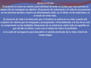 PROYECTODEVIDA
El proyecto es como un camino para alcanzar la meta: es el plan que una persona se
traza a fin de conseguir un objetivo. El proyecto da coherencia a la vida de una persona
en sus diversas facetas y marca un determinado estilo, en el obrar, en las relaciones, en
el modo de verla vida...
El proyecto de vida es la dirección que el hombre se marca en su vida, a partir del
conjunto de valores que ha integrado y jerarquizado vivencialmente, a la luz de la cual
se compromete en las múltiples situaciones de su existencia, sobre todo en aquellas en
que decide su futuro, como son el estado de vida y la profesión.
es la carta de navegación para descubrir el sentido profundo de la vida a través de
varias etapas
 
