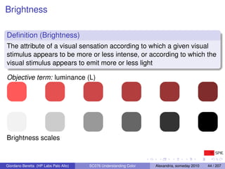 Brightness

Deﬁnition (Brightness)
The attribute of a visual sensation according to which a given visual
stimulus appears ...