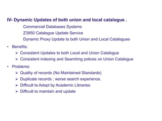 Physical UC – Model 4
www.naseej.com
IV- Dynamic Updates of both union and local catalogue .
Commercial Databases Systems
Z3950 Catalogue Update Service
Dynamic Proxy Update to both Union and Local Catalogues
• Benefits:
 Consistent Updates to both Local and Union Catalogue
 Consistent indexing and Searching polices on Union Catalogue
• Problems:
 Quality of records (No Maintained Standards)
 Duplicate records ; worse search experience.
 Difficult to Adopt by Academic Libraries.
 Difficult to maintain and update
 