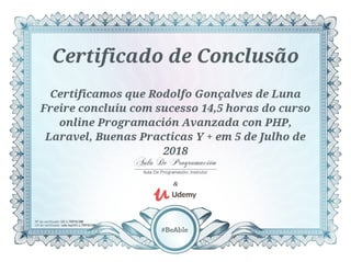 Certificado Udemy - Programação Avançada com PHP, LARAVEL e Boas Práticas