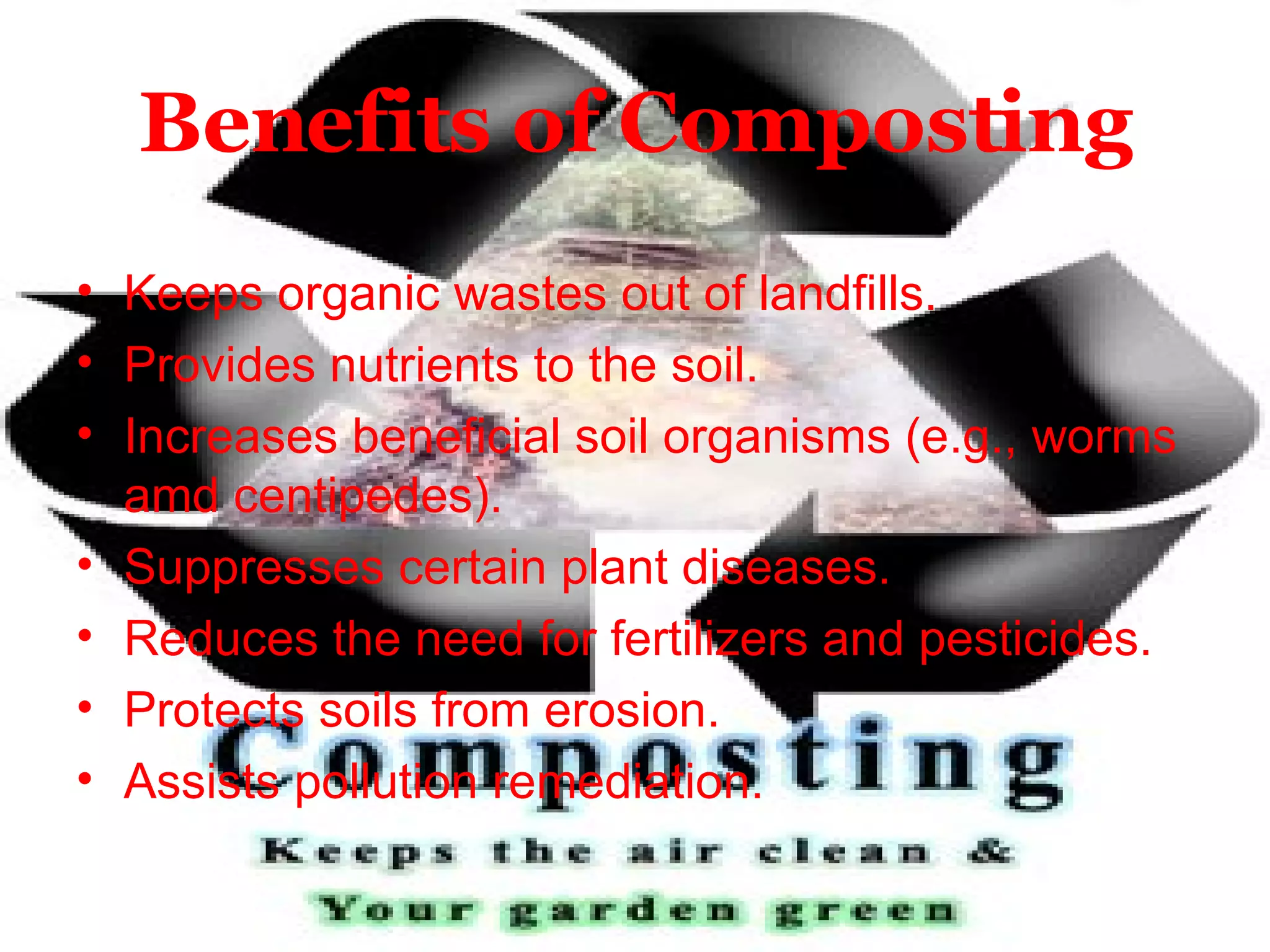 Benefits of Composting Keeps organic wastes out of landfills.  Provides nutrients to the soil.  Increases beneficial soil organisms (e.g., worms amd centipedes).  Suppresses certain plant diseases.  Reduces the need for fertilizers and pesticides.  Protects soils from erosion.  Assists pollution remediation.  