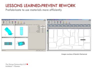 LESSONS LEARNED:PREVENT REWORK Prefabricate to use materials more efficiently Images courtesy of Marelich Mechanical 