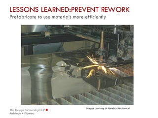 LESSONS LEARNED:PREVENT REWORK  Prefabricate to use materials more efficiently Images courtesy of Marelich Mechanical 
