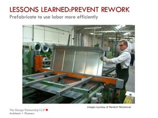 LESSONS LEARNED:PREVENT REWORK  Prefabricate to use labor more efficiently Images courtesy of Marelich Mechanical 