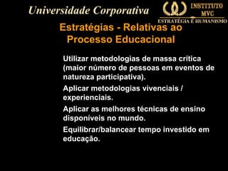 Universidade Corporativa
Estratégias - Relativas ao
Processo Educacional
Utilizar metodologias de massa crítica
(maior número de pessoas em eventos de
natureza participativa).
Aplicar metodologias vivenciais /
experienciais.
Aplicar as melhores técnicas de ensino
disponíveis no mundo.
Equilibrar/balancear tempo investido em
educação.

 