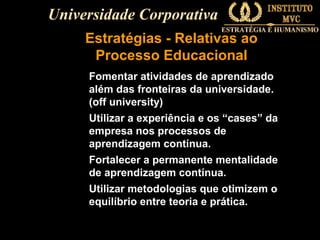 Universidade Corporativa
Estratégias - Relativas ao
Processo Educacional
Fomentar atividades de aprendizado
além das fronteiras da universidade.
(off university)
Utilizar a experiência e os “cases” da
empresa nos processos de
aprendizagem contínua.
Fortalecer a permanente mentalidade
de aprendizagem contínua.
Utilizar metodologias que otimizem o
equilíbrio entre teoria e prática.

 