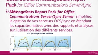 Quest Software: MessageStats Report
Pack for Office Communications Server/Lync
Server
• MessageStats Report Pack for Office
 Communications Server/Lync Server simplifiez
 la gestion de vos serveurs OCS/Lync en étendant
 les capacités natives avec des rapports et analyses
 sur l’utilisation des différents services.
 