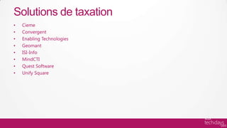 Solutions de taxation
•   Cieme
•   Convergent
•   Enabling Technologies
•   Geomant
•   ISI-Info
•   MindCTI
•   Quest Software
•   Unify Square
 