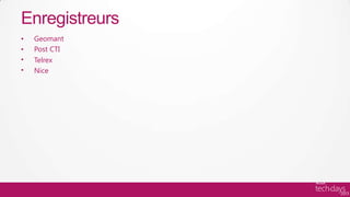 Enregistreurs
•   Geomant
•   Post CTI
•   Telrex
•   Nice
 