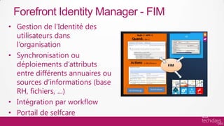 Forefront Identity Manager - FIM
• Gestion de l’Identité des
  utilisateurs dans
  l’organisation
• Synchronisation ou
  déploiements d’attributs
  entre différents annuaires ou
  sources d’informations (base
  RH, fichiers, …)
• Intégration par workflow
• Portail de selfcare
 