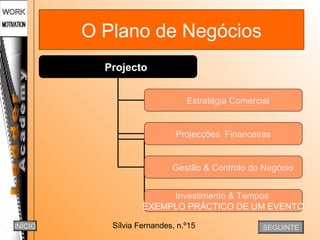 Sílvia Fernandes, n.º15
O Plano de Negócios
ProjectoProjecto
Estratégia Comercial
Projecções Financeiras
Gestão & Controlo do Negócio
Investimento & Tempos
EXEMPLO PRÁCTICO DE UM EVENTO
SEGUINTEINÍCIO
 