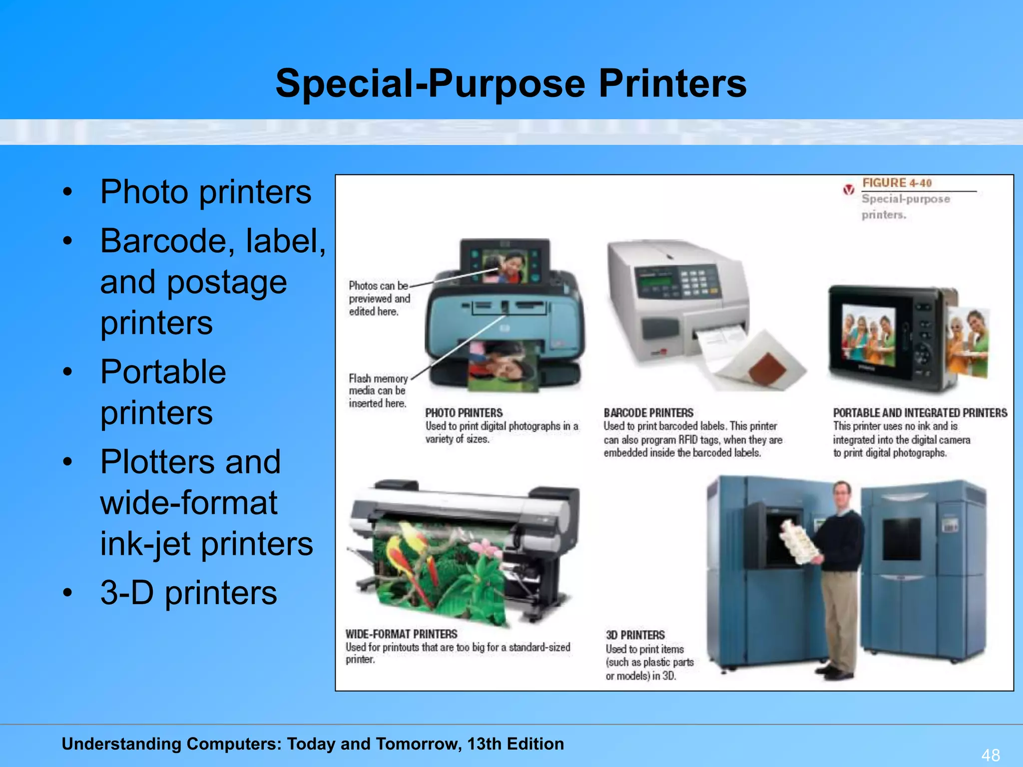 Understanding Computers: Today and Tomorrow, 13th Edition
48
Special-Purpose Printers
• Photo printers
• Barcode, label,
and postage
printers
• Portable
printers
• Plotters and
wide-format
ink-jet printers
• 3-D printers
 