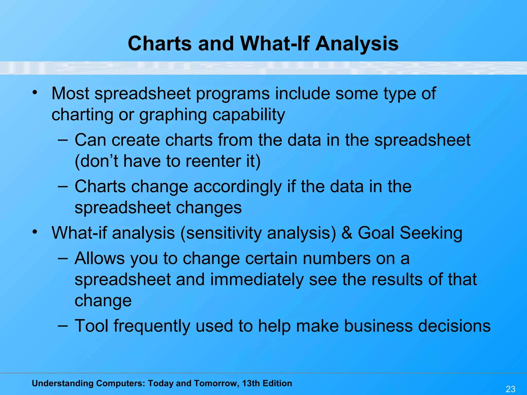 Understanding Computers: Today and Tomorrow, 13th Edition 23 Charts and What-If Analysis • Most spreadsheet programs include some type of charting or graphing capability – Can create charts from the data in the spreadsheet (don’t have to reenter it) – Charts change accordingly if the data in the spreadsheet changes • What-if analysis (sensitivity analysis) & Goal Seeking – Allows you to change certain numbers on a spreadsheet and immediately see the results of that change – Tool frequently used to help make business decisions 