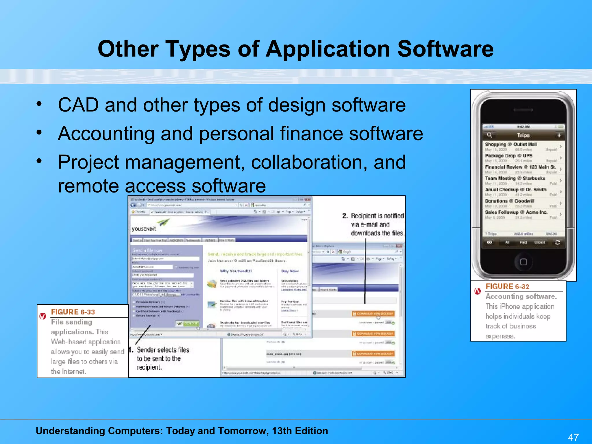 Understanding Computers: Today and Tomorrow, 13th Edition 47 Other Types of Application Software • CAD and other types of design software • Accounting and personal finance software • Project management, collaboration, and remote access software 