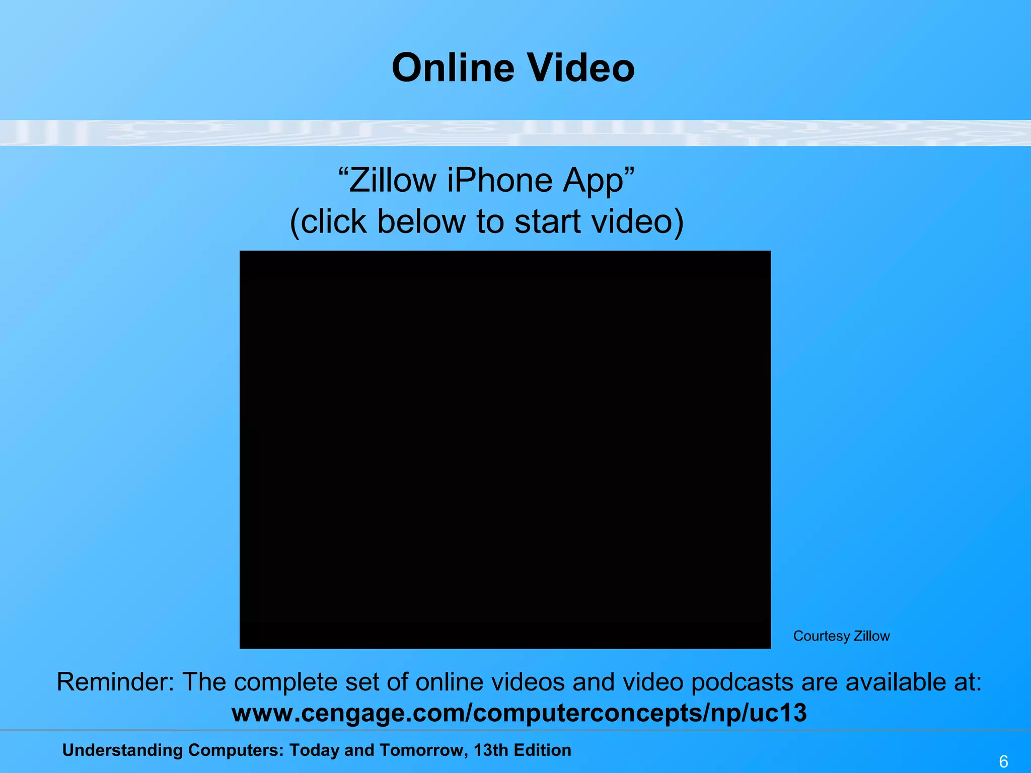 Understanding Computers: Today and Tomorrow, 13th Edition 6 Online Video “Zillow iPhone App” (click below to start video) Reminder: The complete set of online videos and video podcasts are available at: www.cengage.com/computerconcepts/np/uc13 Courtesy Zillow 