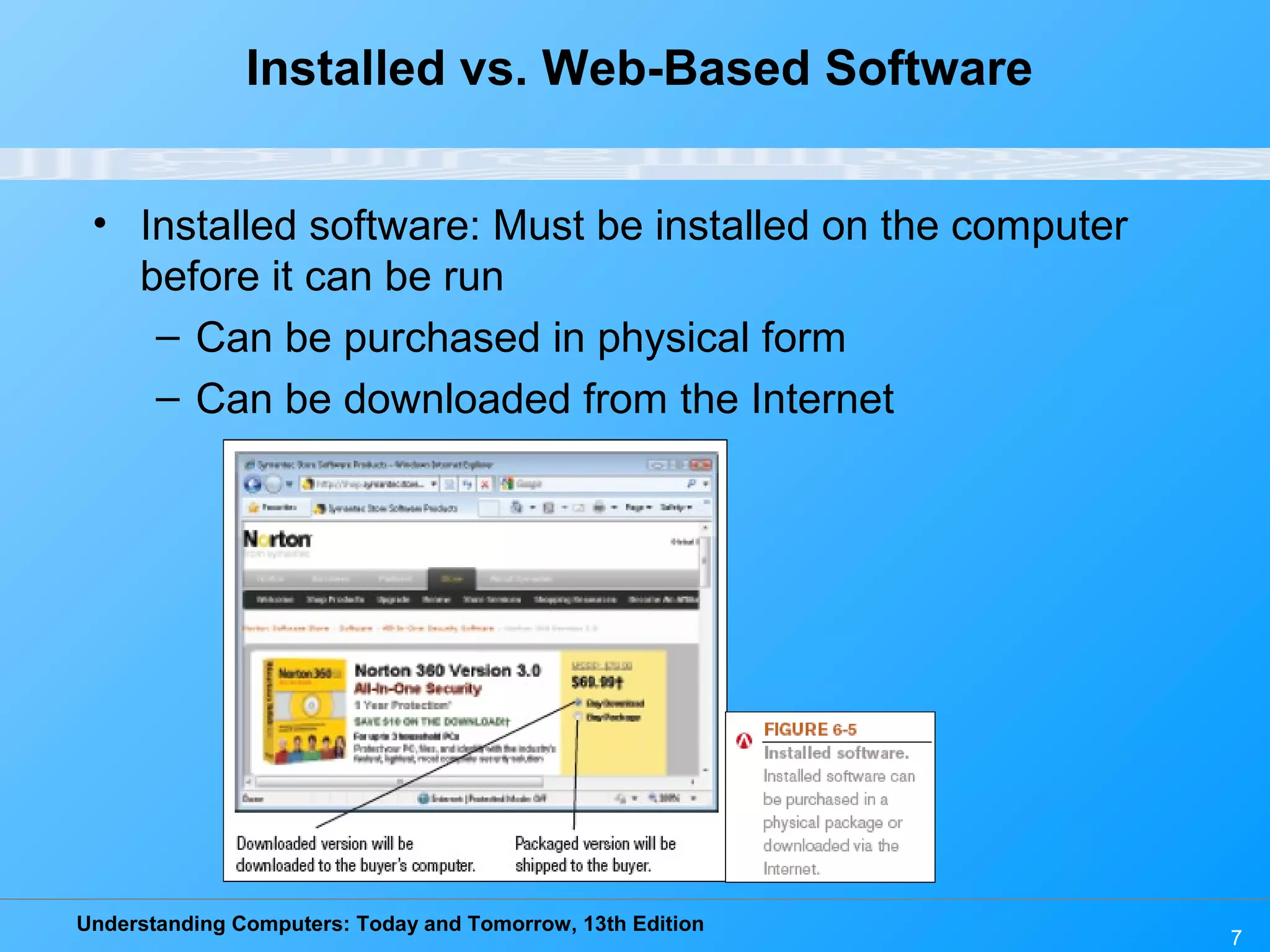 Understanding Computers: Today and Tomorrow, 13th Edition 7 Installed vs. Web-Based Software • Installed software: Must be installed on the computer before it can be run – Can be purchased in physical form – Can be downloaded from the Internet 